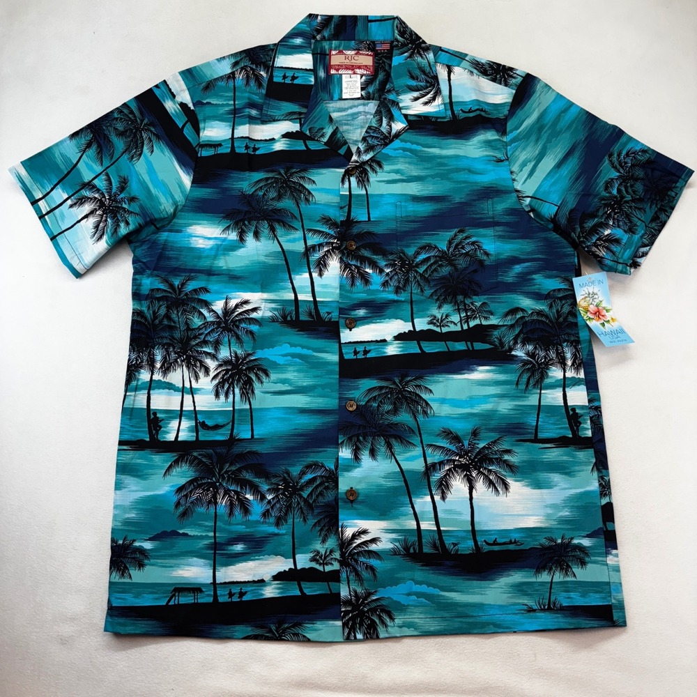 RJC Hawaiian Shirt Mens L Turquoise Blue Tropical Palm Tree Sunset Made in USA